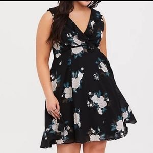 Torrid Black Floral Chiffon Sleeveless Ruffle Lace-Up Skater Dress